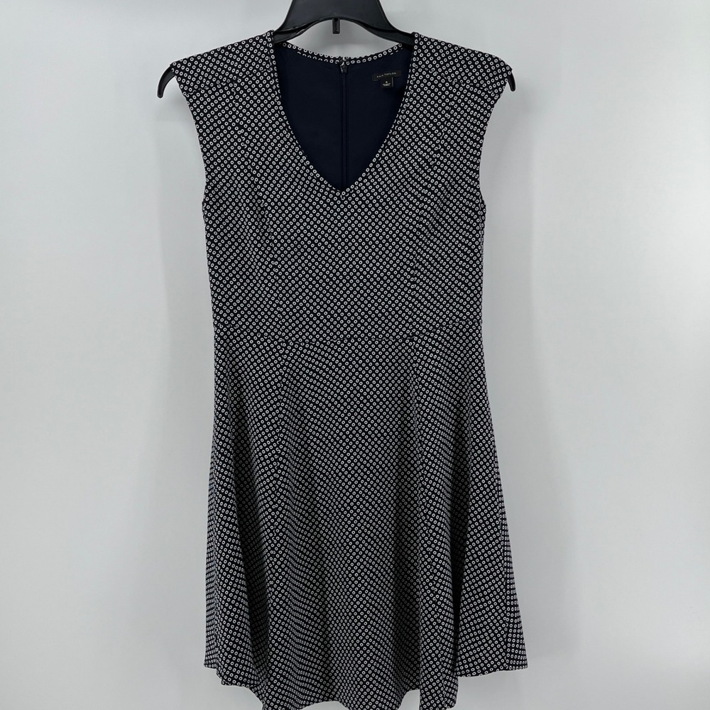 Ann Taylor Navy Blue White Geometric Circle Print V-Neck Fit Flare Dress 4